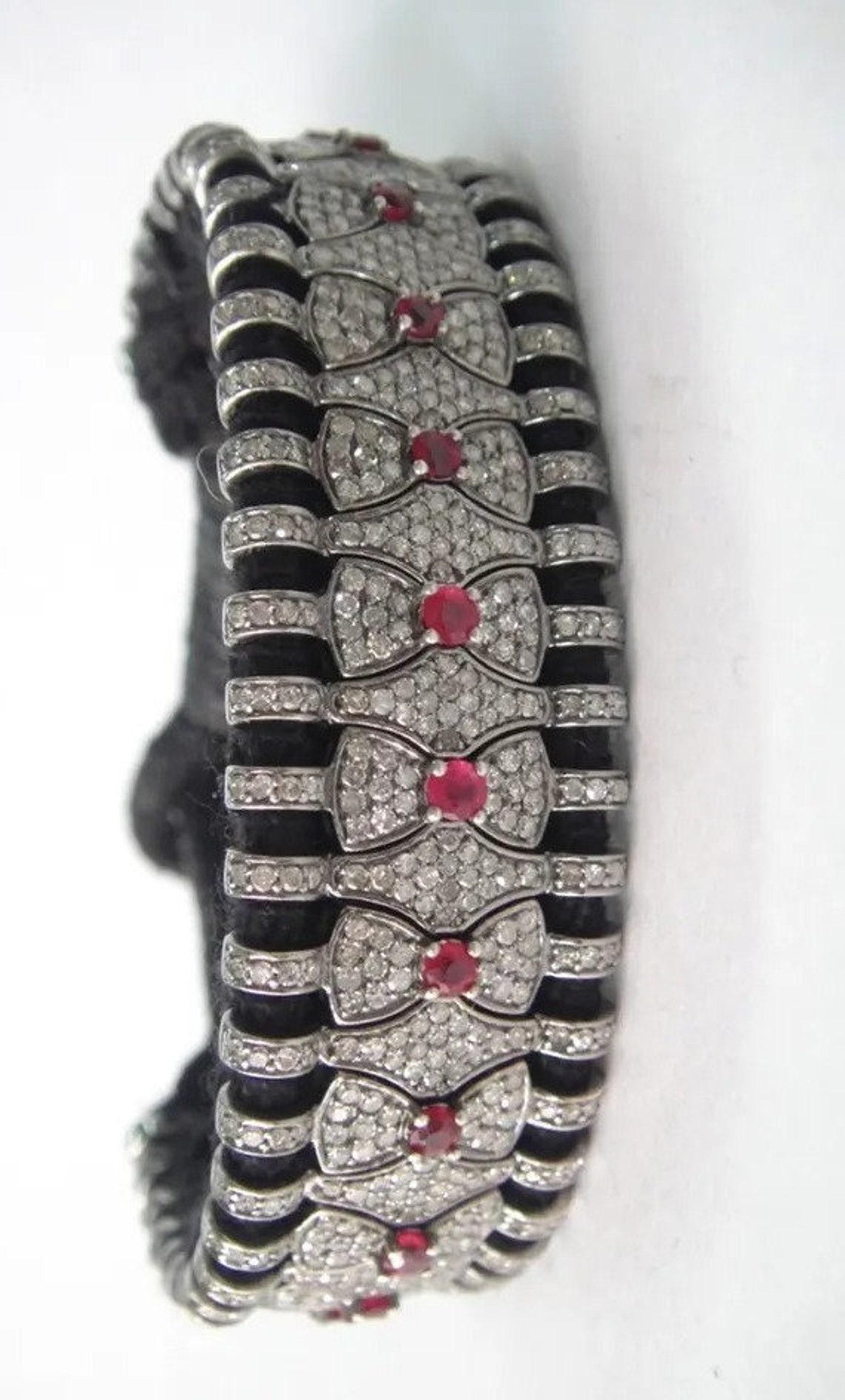 da uomo o donna Bracciale Macrame con pavé di diamanti e rubini in argento 925 Gioielli fatti a mano. in vendita