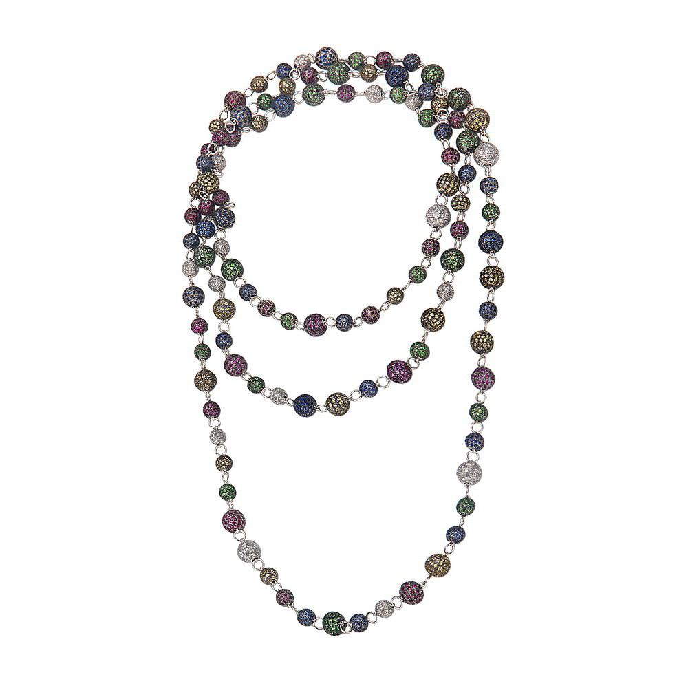 Pave Diamond Sapphire Tsavorite Ruby Beaded Balls .925 Sterling Silver Necklace

A gorgeous pave beaded ball blue sapphire, Yellow sapphire ruby, and diamond beaded necklace will rarely go overlooked. This versatile necklace looks incredible when