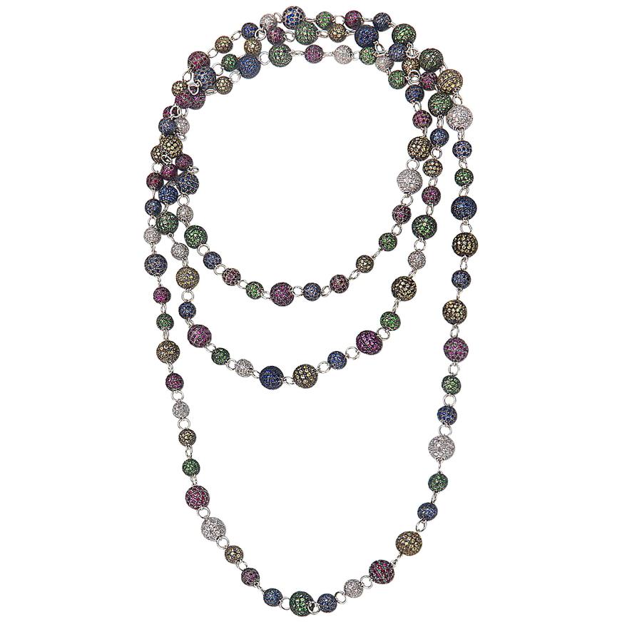 Pavé Diamond Sapphire Tsavorite Ruby Beaded Balls .925 Sterling Silver Necklace