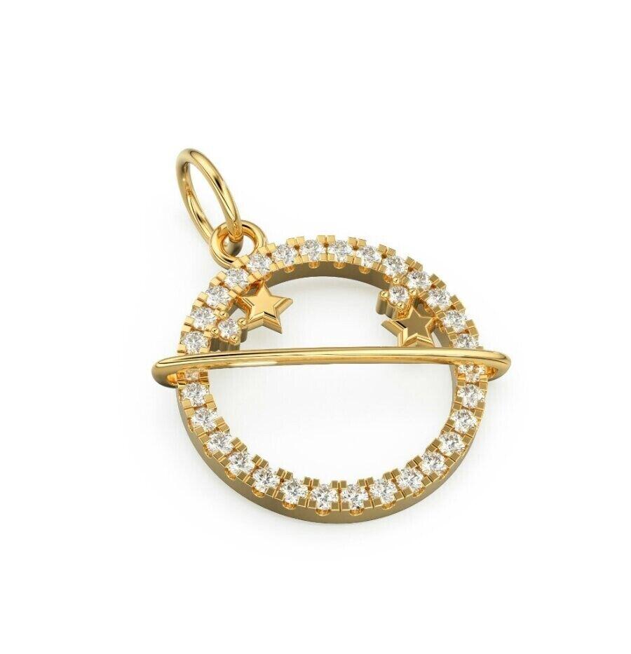 Round Cut Pave Diamond Saturn Mini Charm Pendant in 14K Solid Gold For Sale