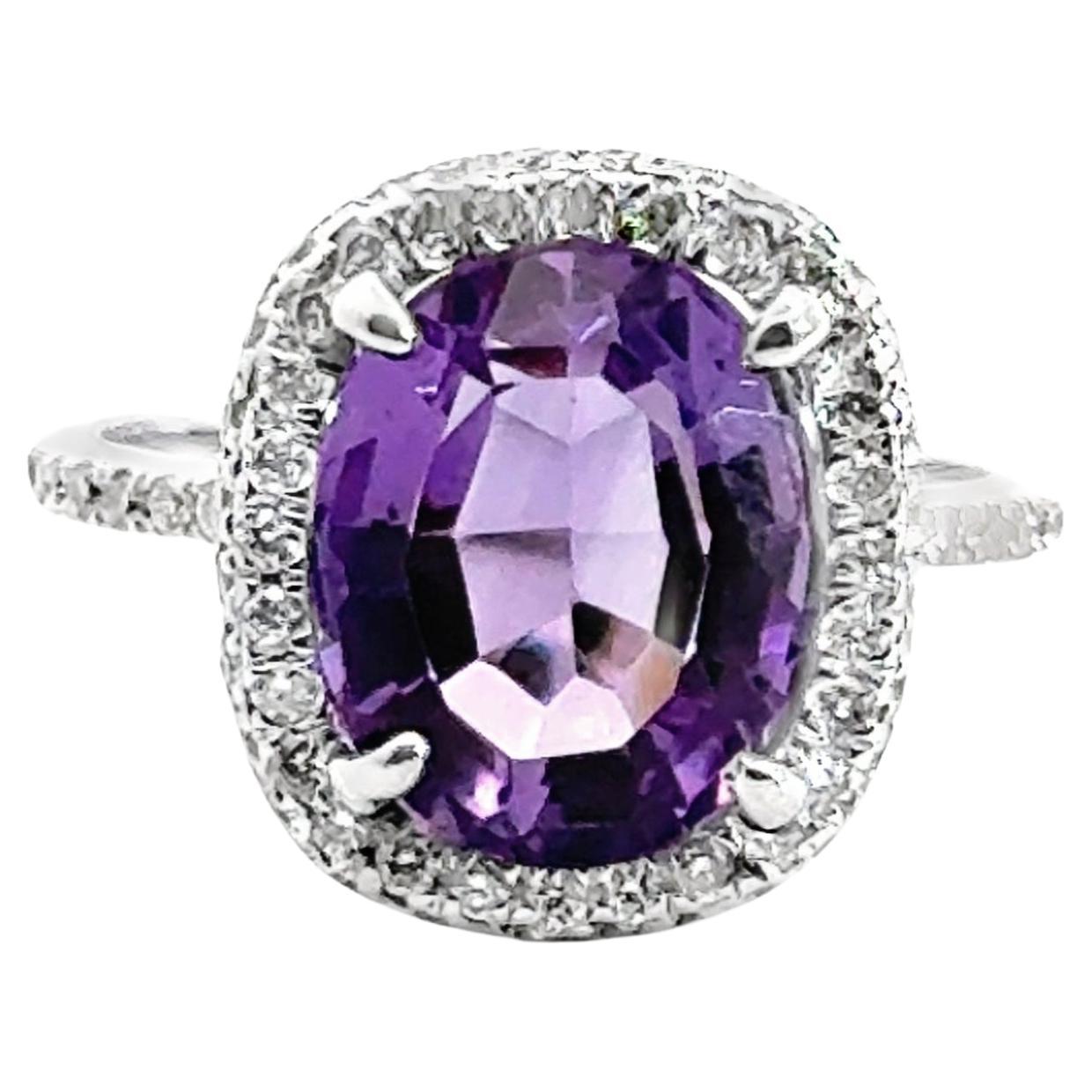 Pave Diamond Set and Amethyst Center Hidden Halo Fashion Ring For Sale