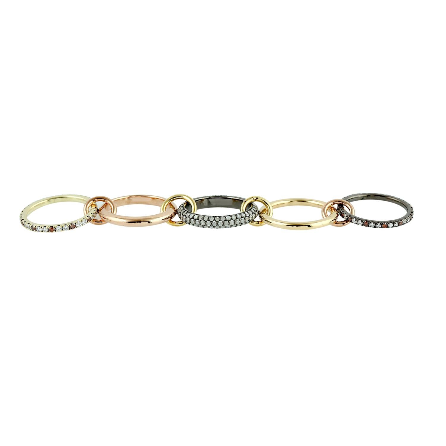 Mixed Cut Pave Diamond Set Of 5 Multi Connector Band Ring Made In 18K Gold & Silver For Sale