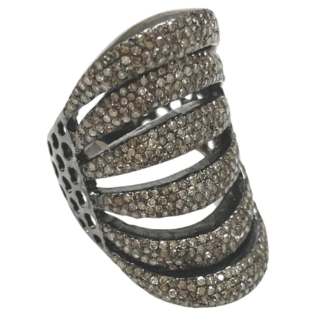 Description
Stylish, geometric, rhodium sterling silver curved 6-tier pave diamond concave bars in a finger hugging design ring. Item #R127 

Materials and Weight
Diamonds 1.73 carats, 31x18mm 
Rhodium sterling silver

Dimensions 
Size 6.75
Band