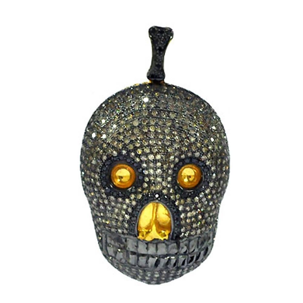 Pave Diamond Skull Pendant in Silver For Sale