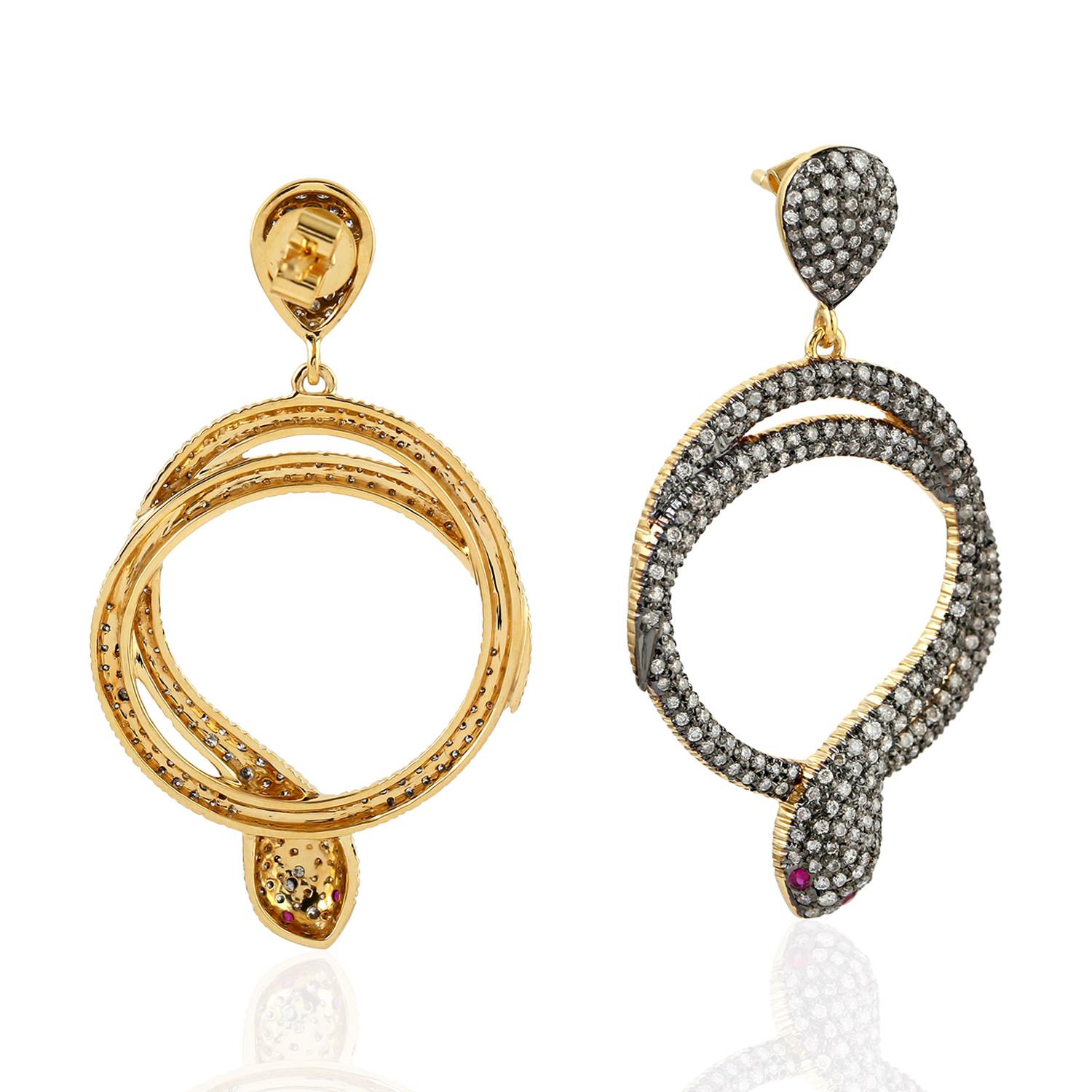 Contemporary Pave Diamond Snake Earrings With Ruby Eyes Made In 18k White Gold For Sale