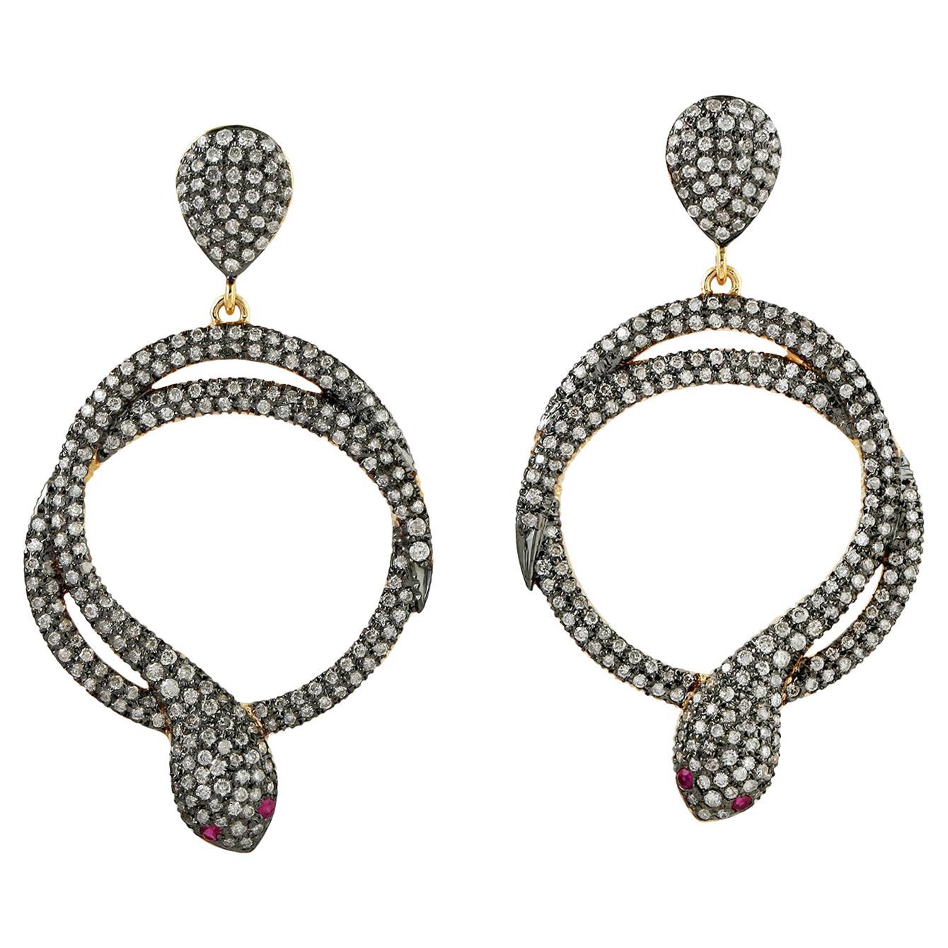 Pave Diamond Snake Earrings With Ruby Eyes Made In 18k White Gold For Sale