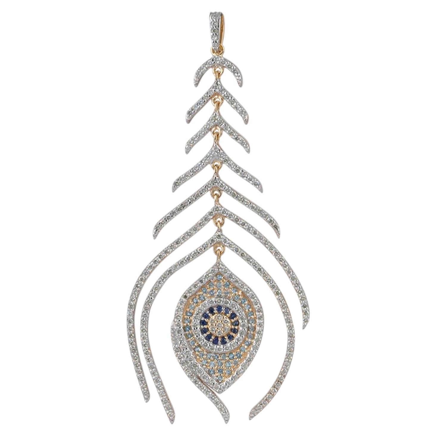Pave Diamond Solid 14k Gold Peacock Feather Wing Pendant Evil Eye Sapphire Charm