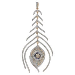 Pave Diamond Solid 14k Gold Peacock Feather Wing Pendant Evil Eye Sapphire Charm