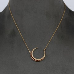 Pave Diamond Solid 14k Yellow Gold Moon Pendant Necklace Natural Garnet Gemstone