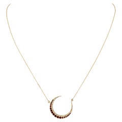 Pave Diamond Solid 14k Yellow Gold Moon Pendant Necklace Natural Garnet Gemstone