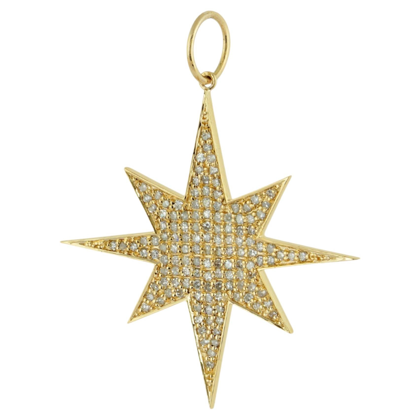 Pave Diamond Solid 14k Yellow Gold starburst Charm Pendant Celestial Jewelry For Sale
