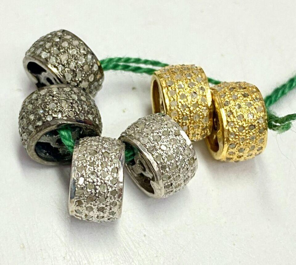 Art Deco Pave Diamond Spacer Beads Round Beads 925 Silver Diamond Necklace Roundel Beads. For Sale