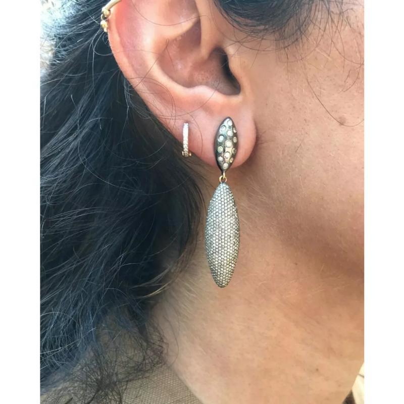 Round Cut Pave Diamond Spike Handmade Earring in 14k Gold & 925 Silver For Sale