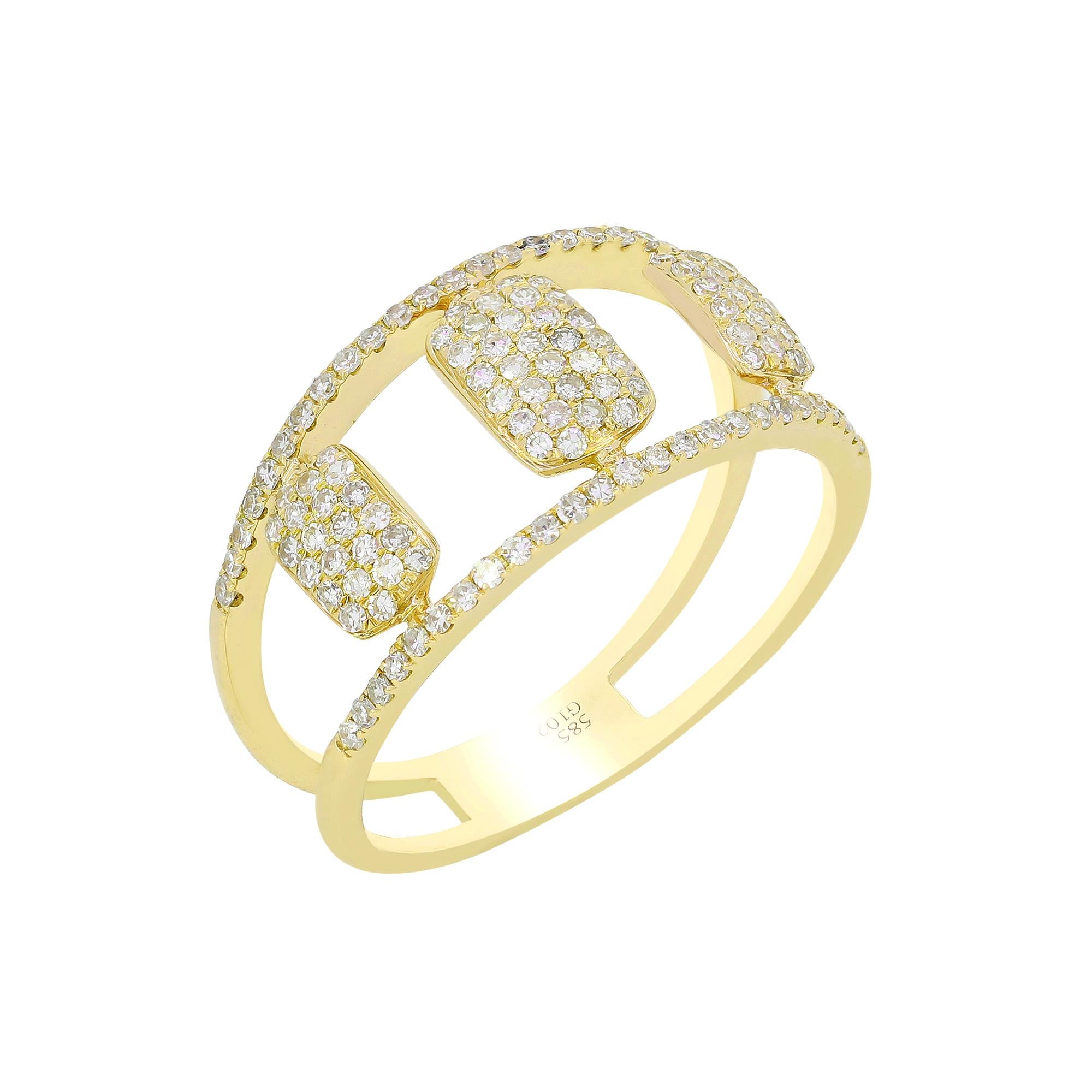 Glamorously attractive, this Luxle split shank ring in 14K yellow gold is featured with rectangle shaped motifs embellished with diamonds. Each ring is made with 126 round diamonds set in micro pave.

Please follow the Luxury Jewels storefront to