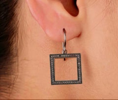 Pave Diamond Square Charm Hook Earring 925 Silver Diamond Minimalist Earring.