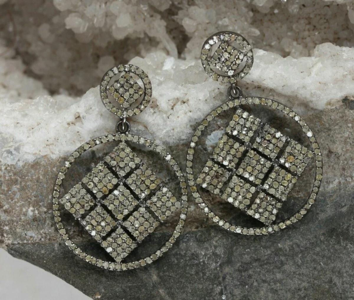 Art Déco Pave Diamond Square Earring Orecchino in argento 925 Diamante fatto a mano Regalo di anniversario in vendita