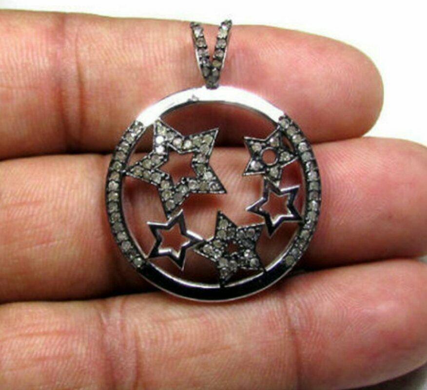 Uncut Pave Diamond Star Necklace 925 Silver Diamond Round Star Pendant Handmade Gift. For Sale