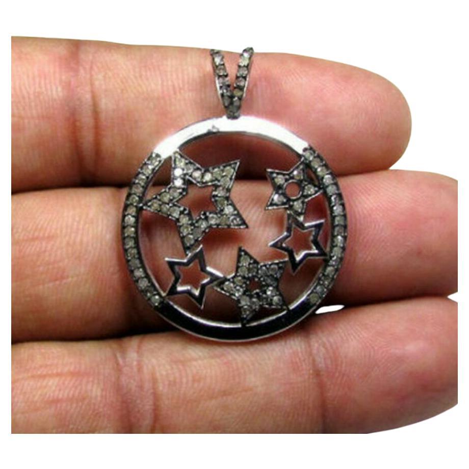 Pave Diamond Star Necklace 925 Silver Diamond Round Star Pendant Handmade Gift. For Sale