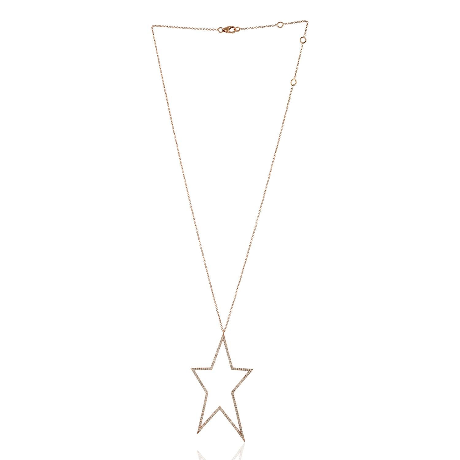Taglio misto Collana a catena con ciondolo a forma di stella con diamanti Pave in oro rosa 18k in vendita