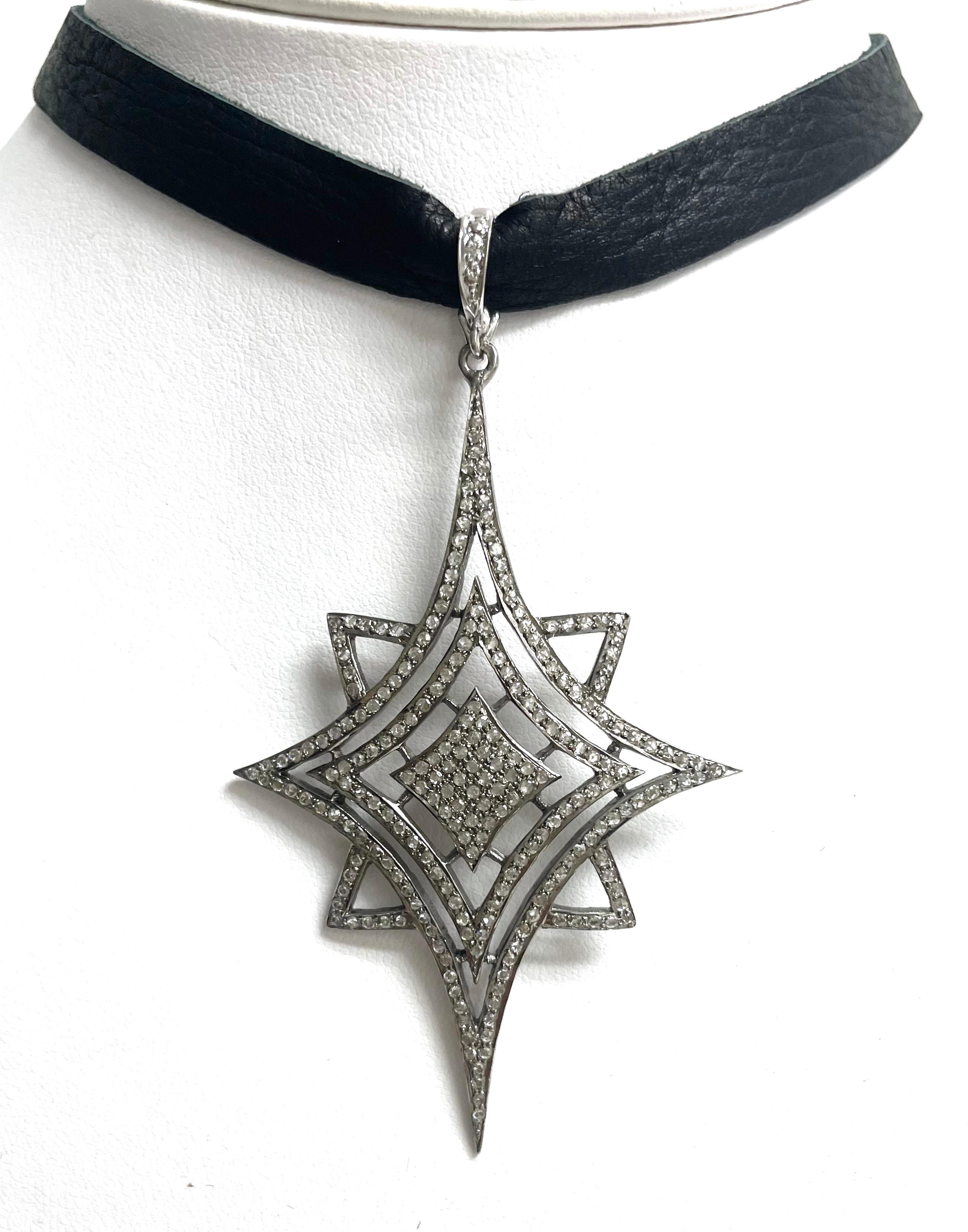  Pave Diamond Starburst Pendant on Deerskin Choker Necklace For Sale 4