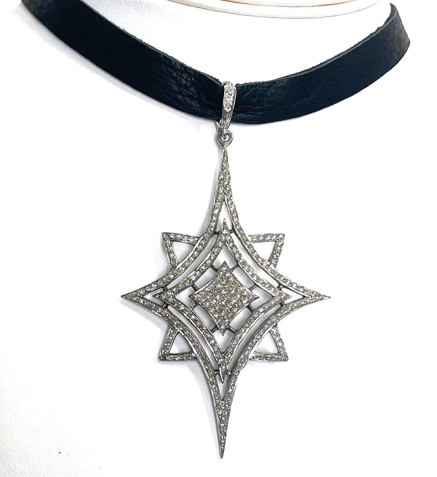  Pave Diamond Starburst Pendant on Deerskin Choker Necklace For Sale 5