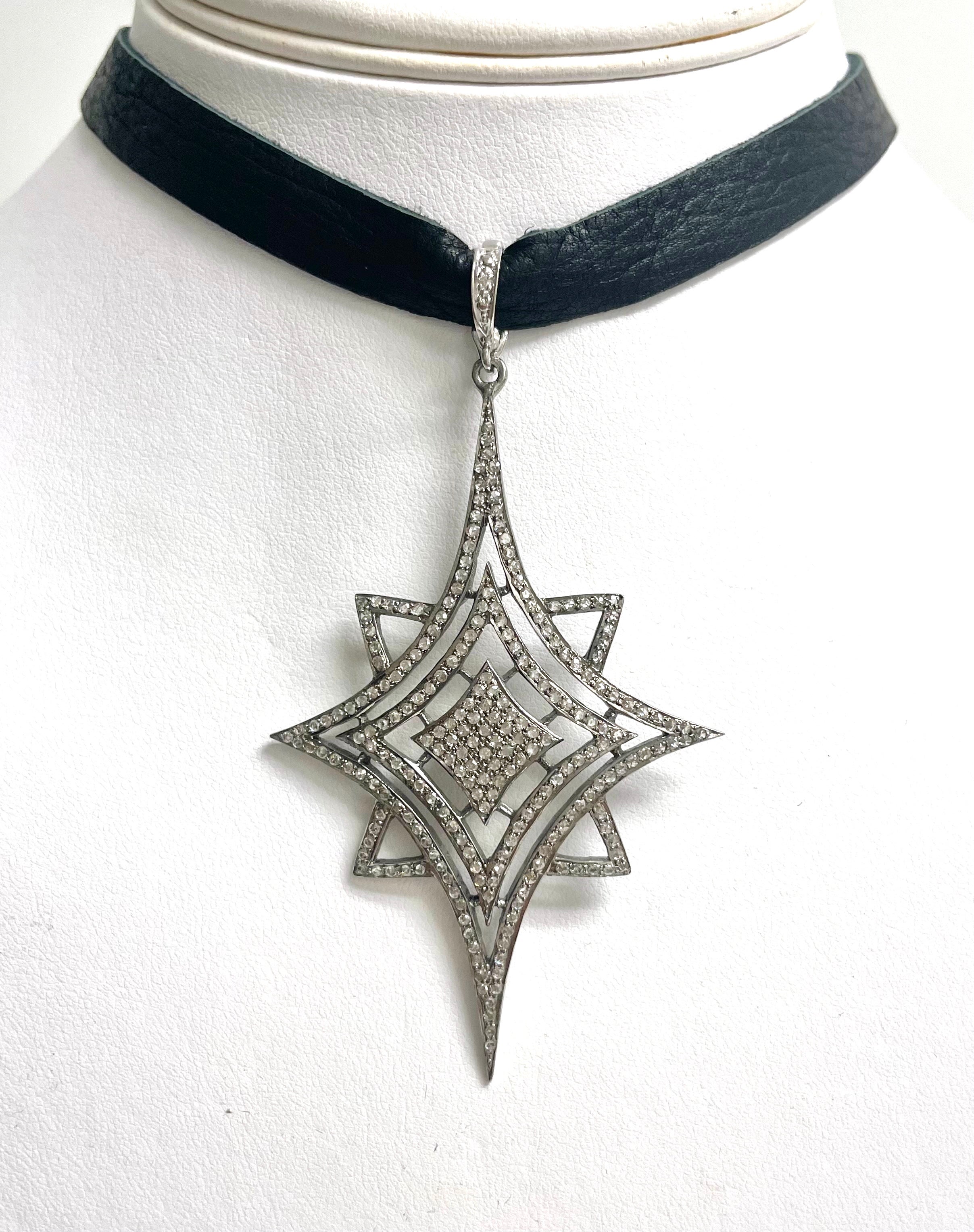 Artisan  Pave Diamond Starburst Pendant on Deerskin Choker Necklace For Sale