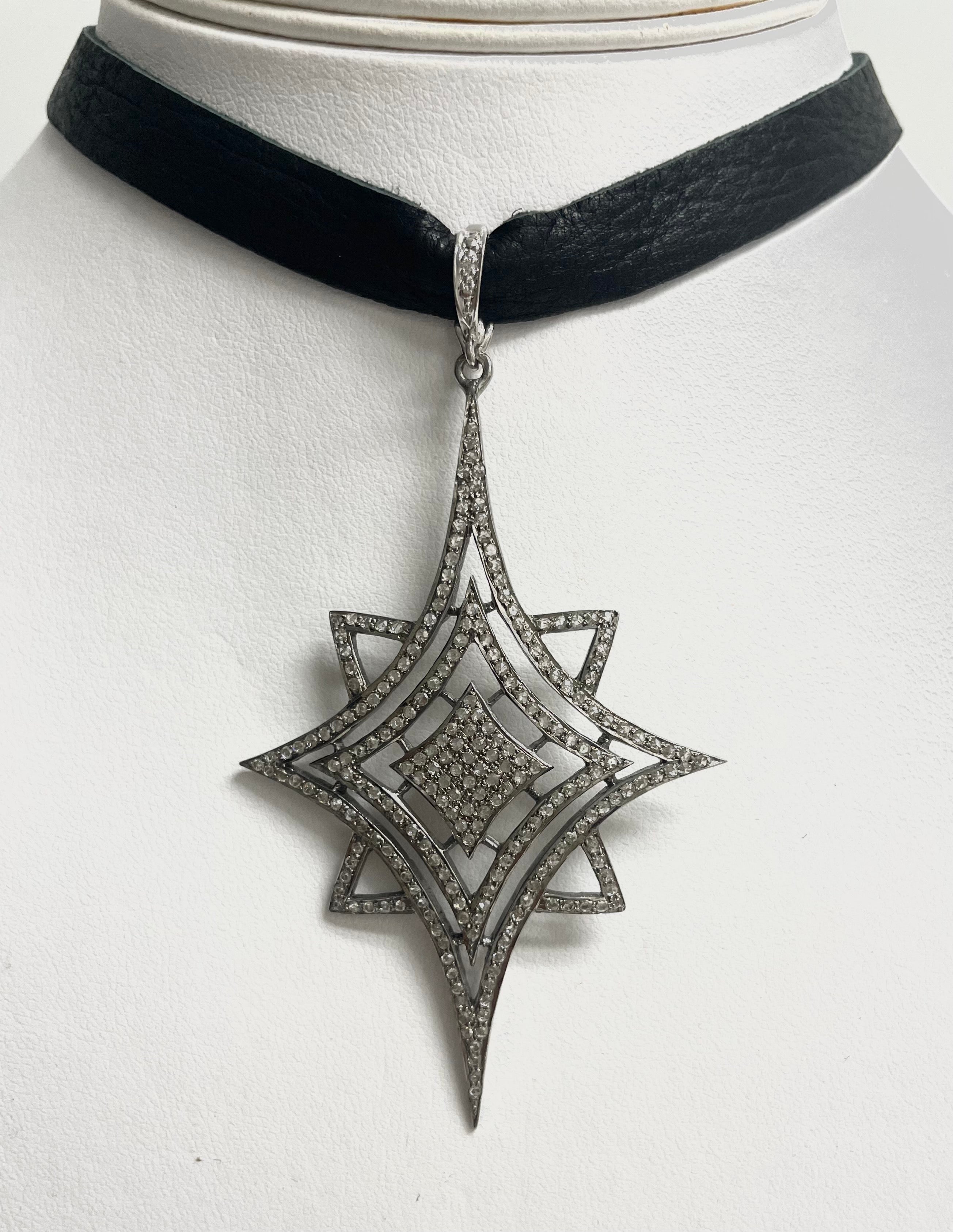 Bead  Pave Diamond Starburst Pendant on Deerskin Choker Necklace For Sale