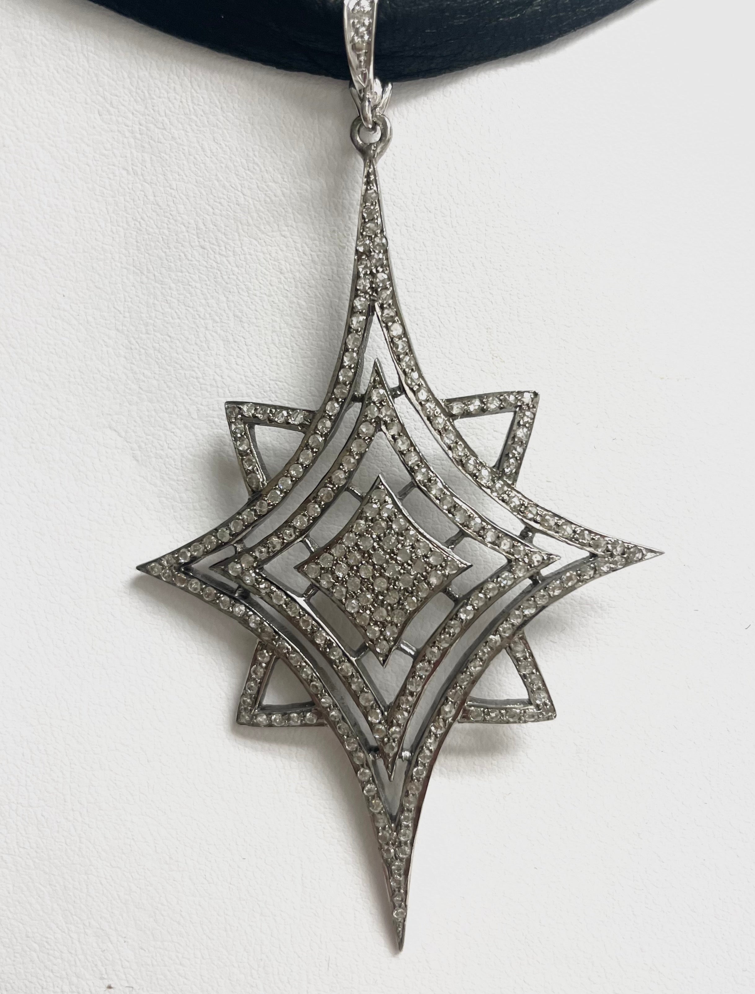 Pave Diamond Starburst Pendant on Deerskin Choker Necklace In New Condition For Sale In Laguna Beach, CA