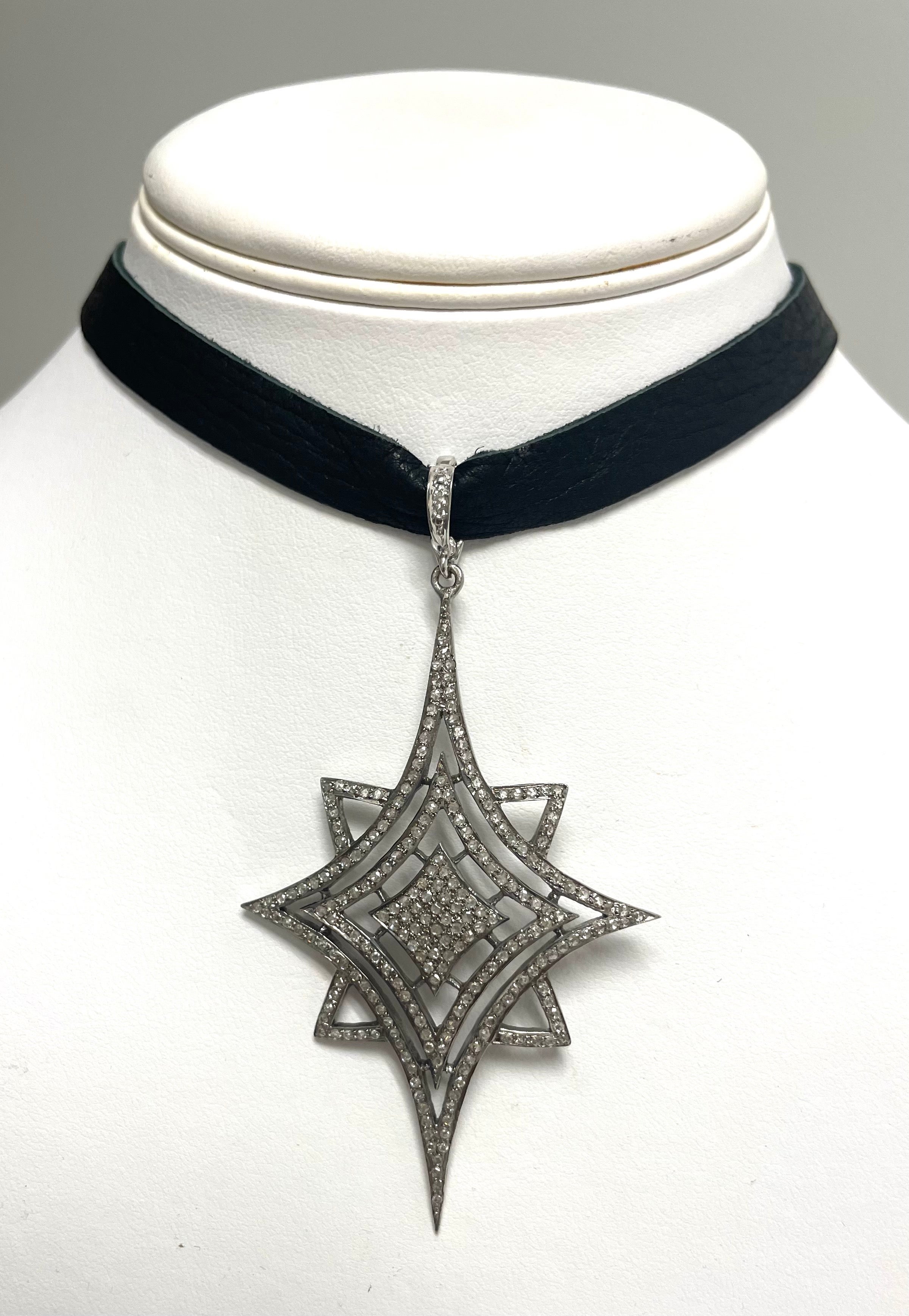 Women's  Pave Diamond Starburst Pendant on Deerskin Choker Necklace For Sale