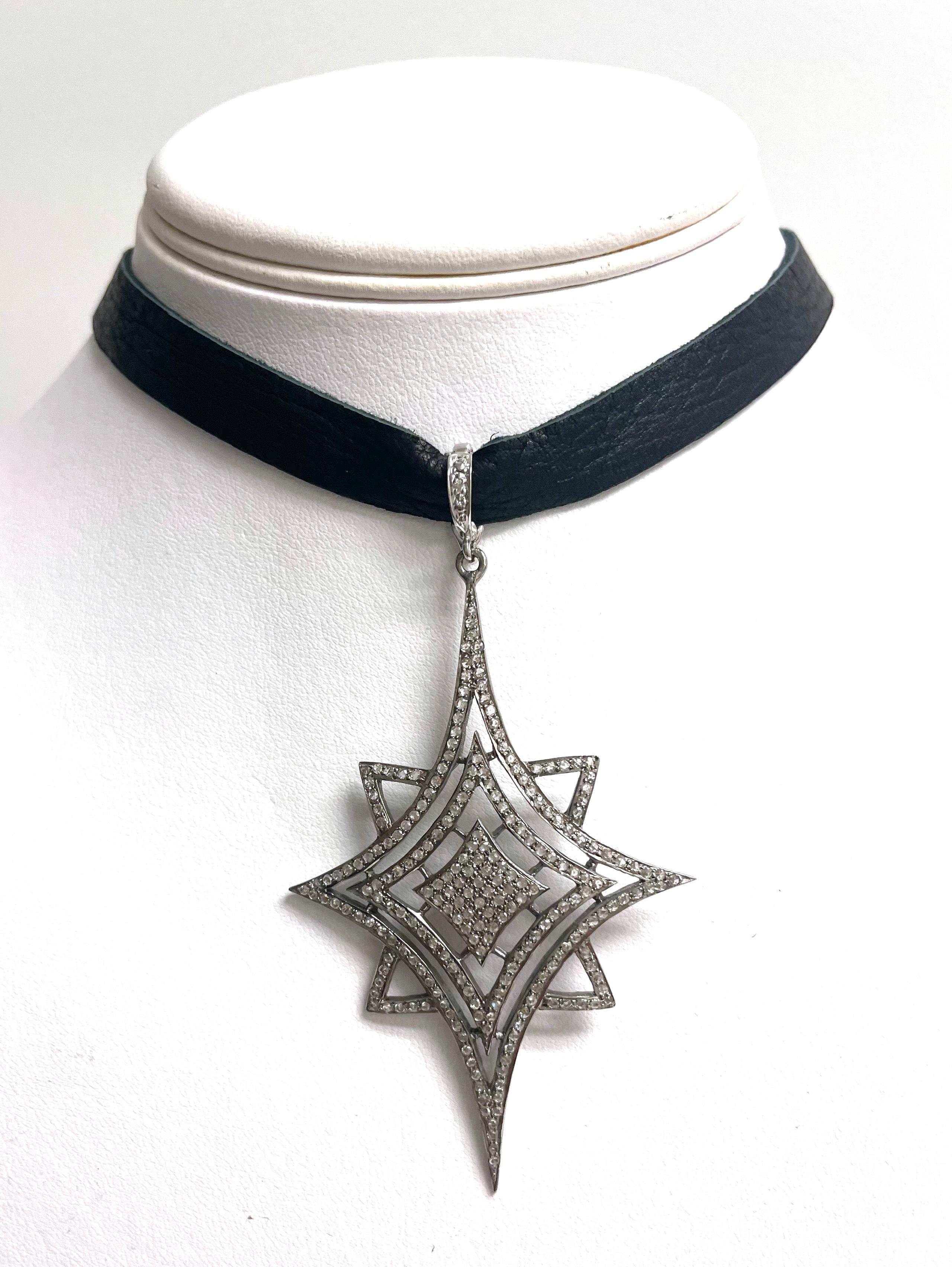  Pave Diamond Starburst Pendant on Deerskin Choker Necklace For Sale 1