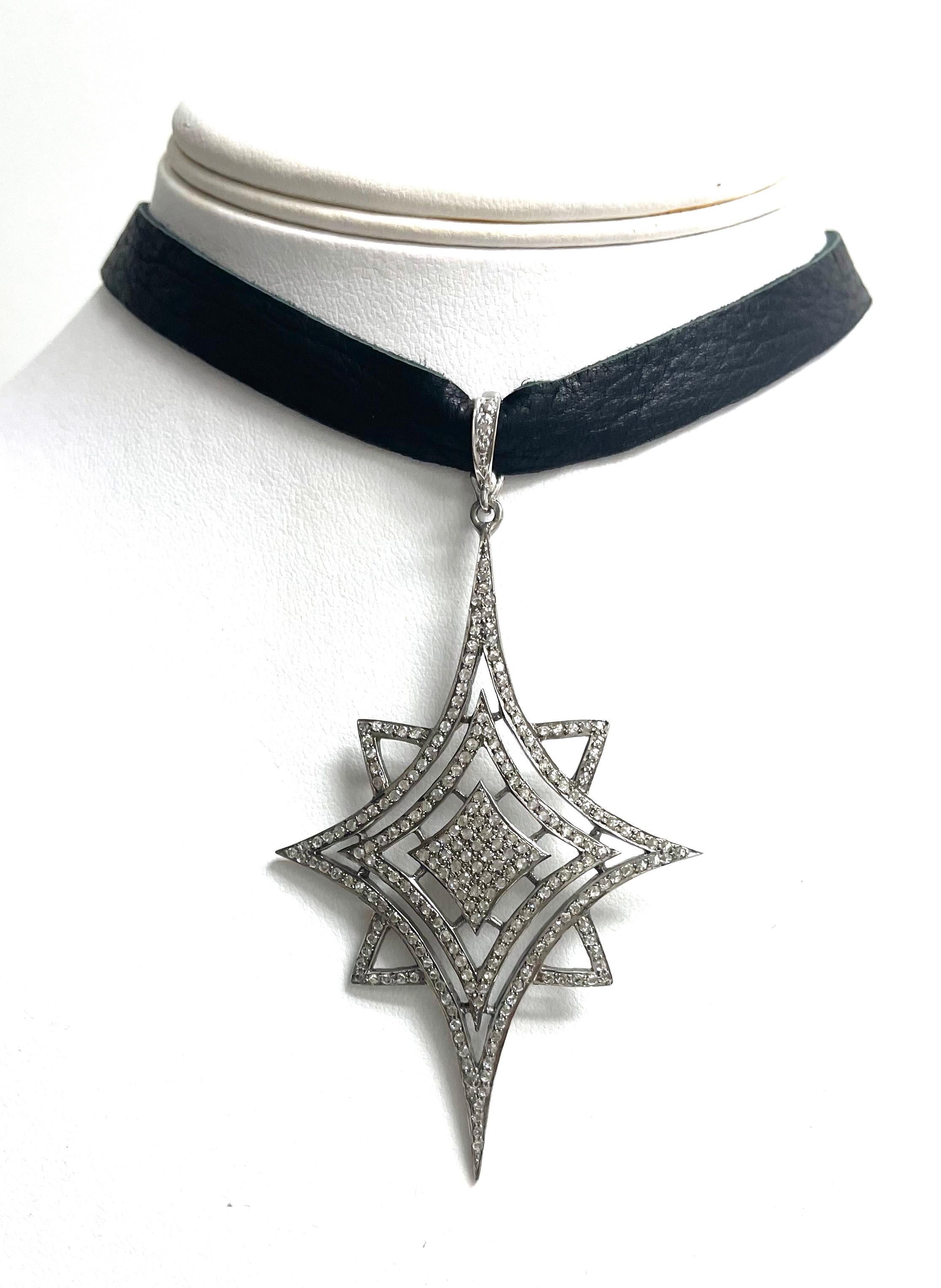  Pave Diamond Starburst Pendant on Deerskin Choker Necklace For Sale 2