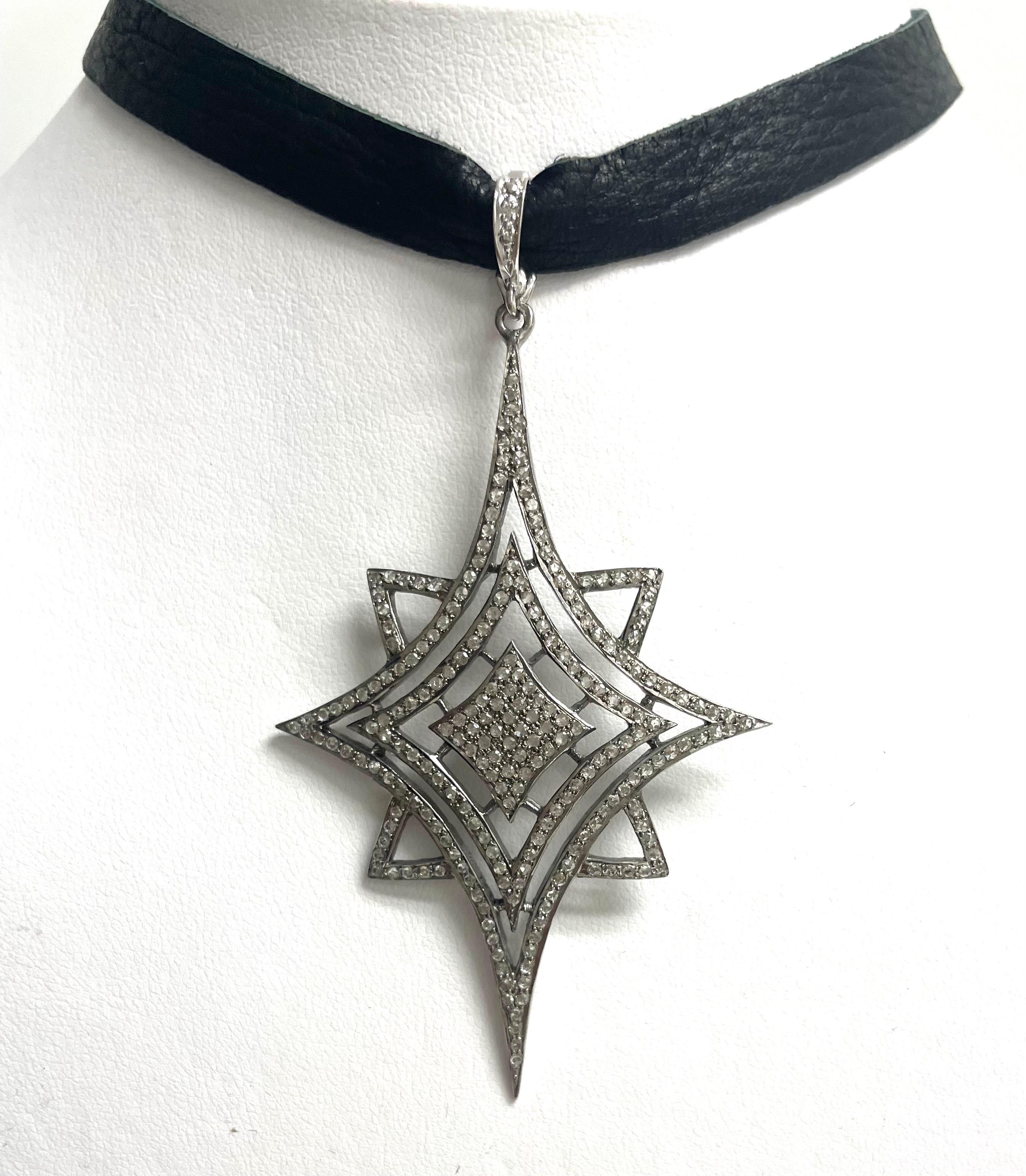  Pave Diamond Starburst Pendant on Deerskin Choker Necklace For Sale 3