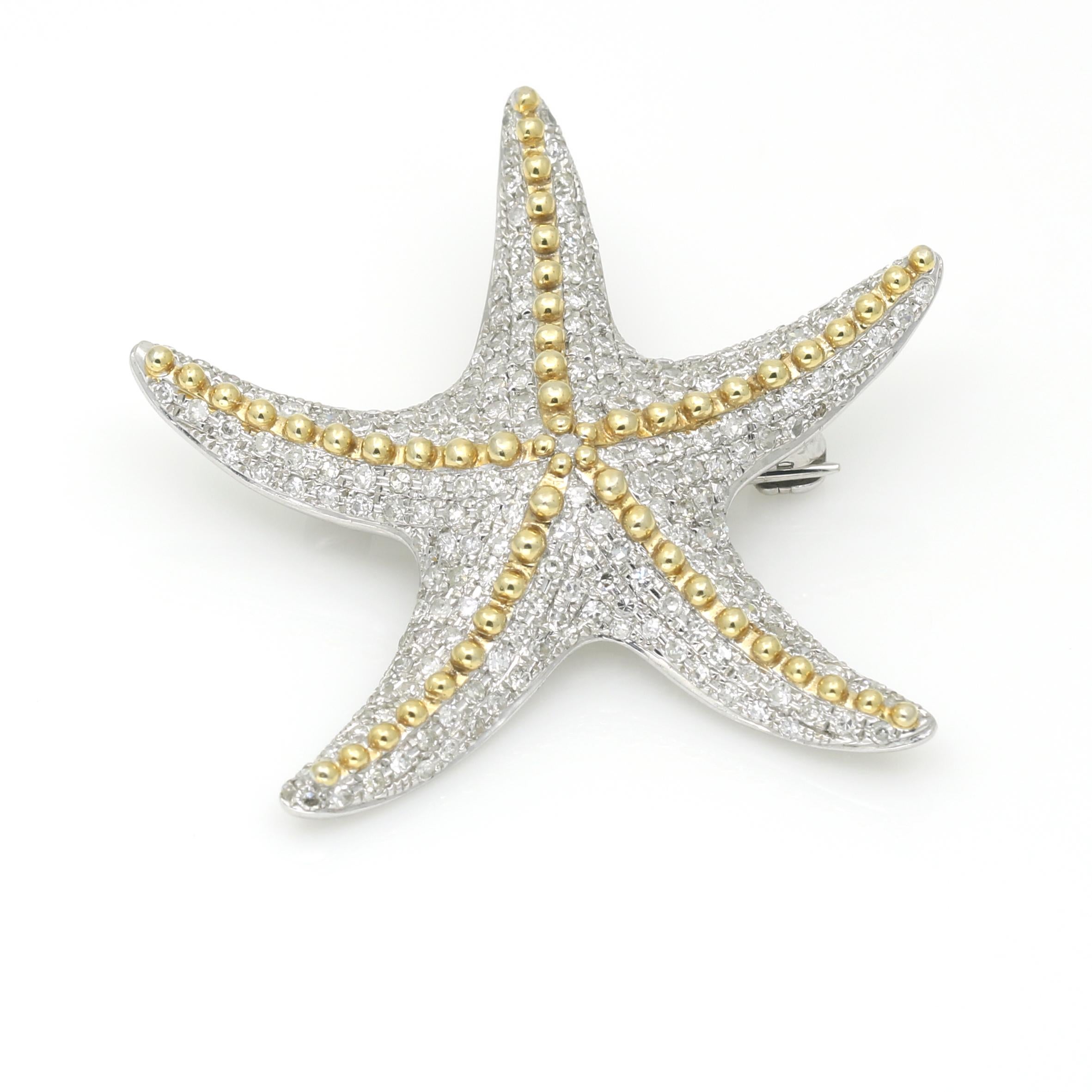 Immerse yourself in the allure of the Pave Diamond Starfish Brooch Pendant, a mesmerizing creation handcrafted in the harmonious 14k yellow and white gold blend. This exquisite piece showcases a starfish design adorned with glistening pave diamonds,