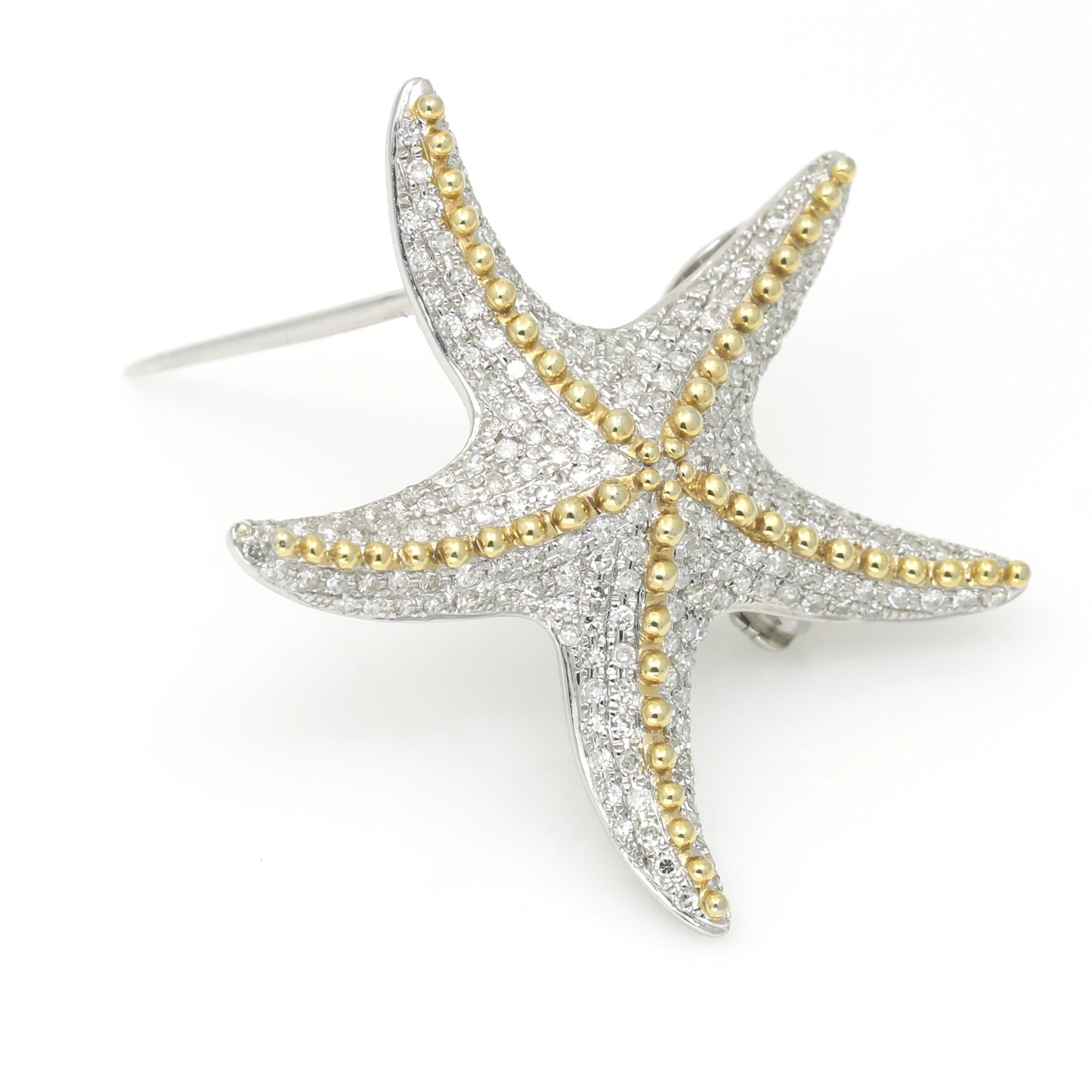 Round Cut Pave Diamond Starfish Brooch Pendant in 14k Yellow and White Gold For Sale