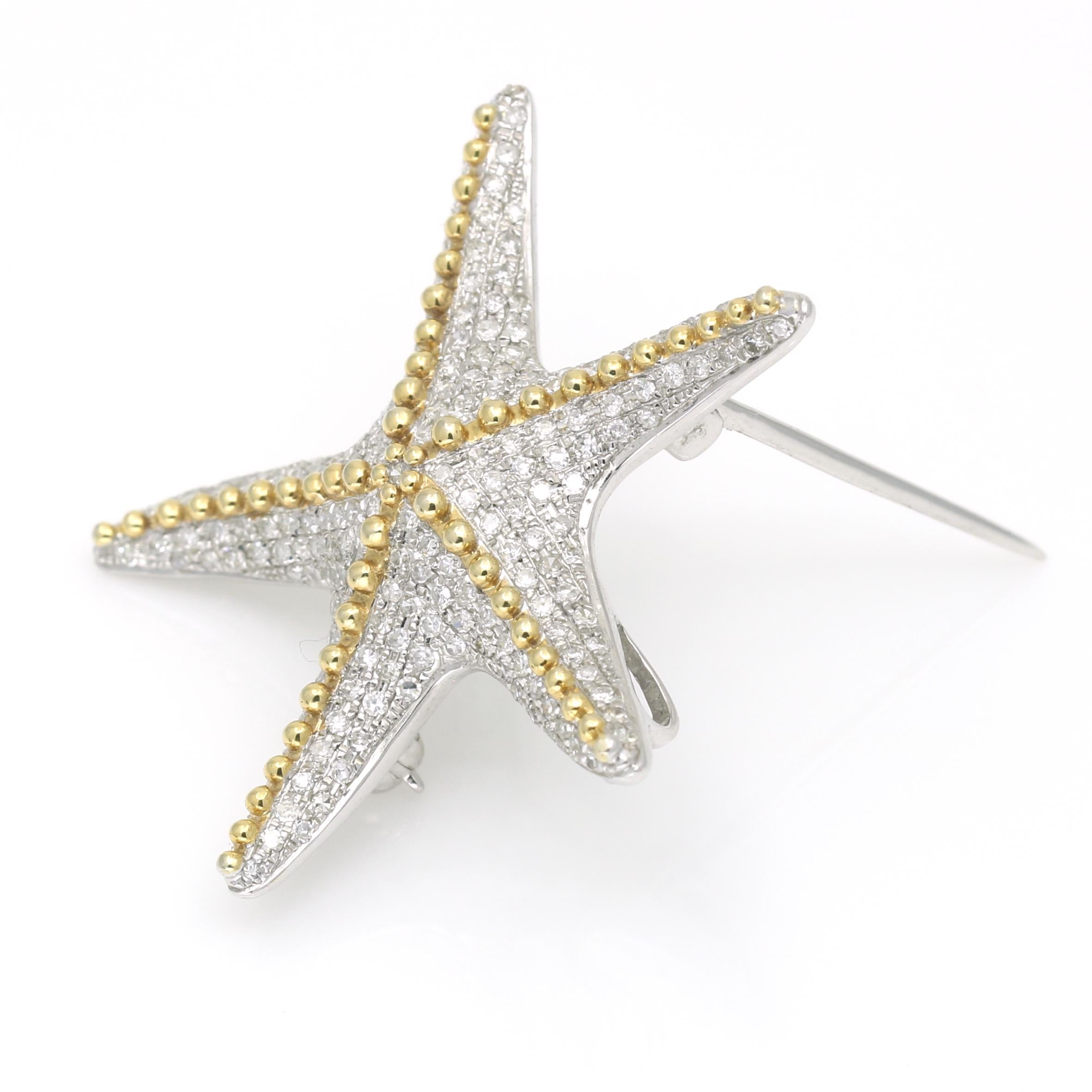 Pave Diamond Starfish Brooch Pendant in 14k Yellow and White Gold In Excellent Condition For Sale In Boca Raton, FL
