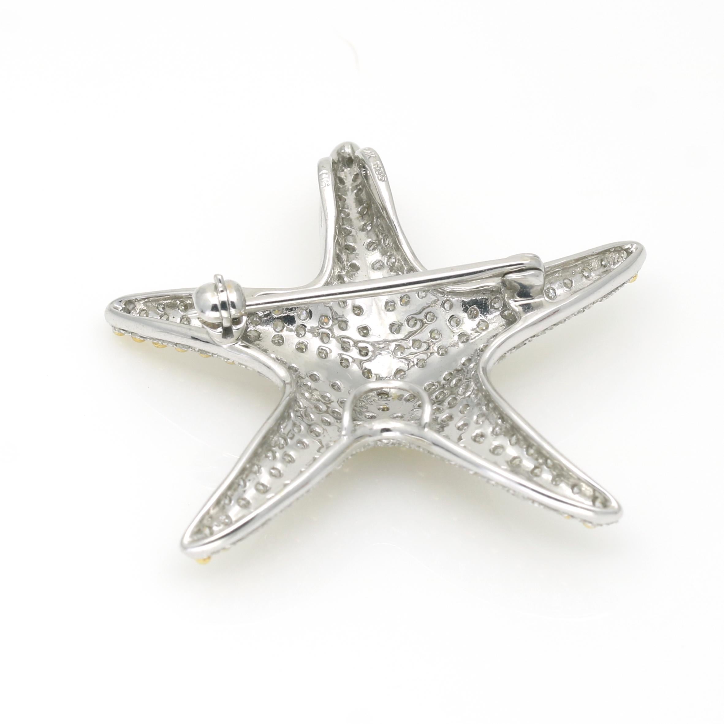 Women's Pave Diamond Starfish Brooch Pendant in 14k Yellow and White Gold For Sale