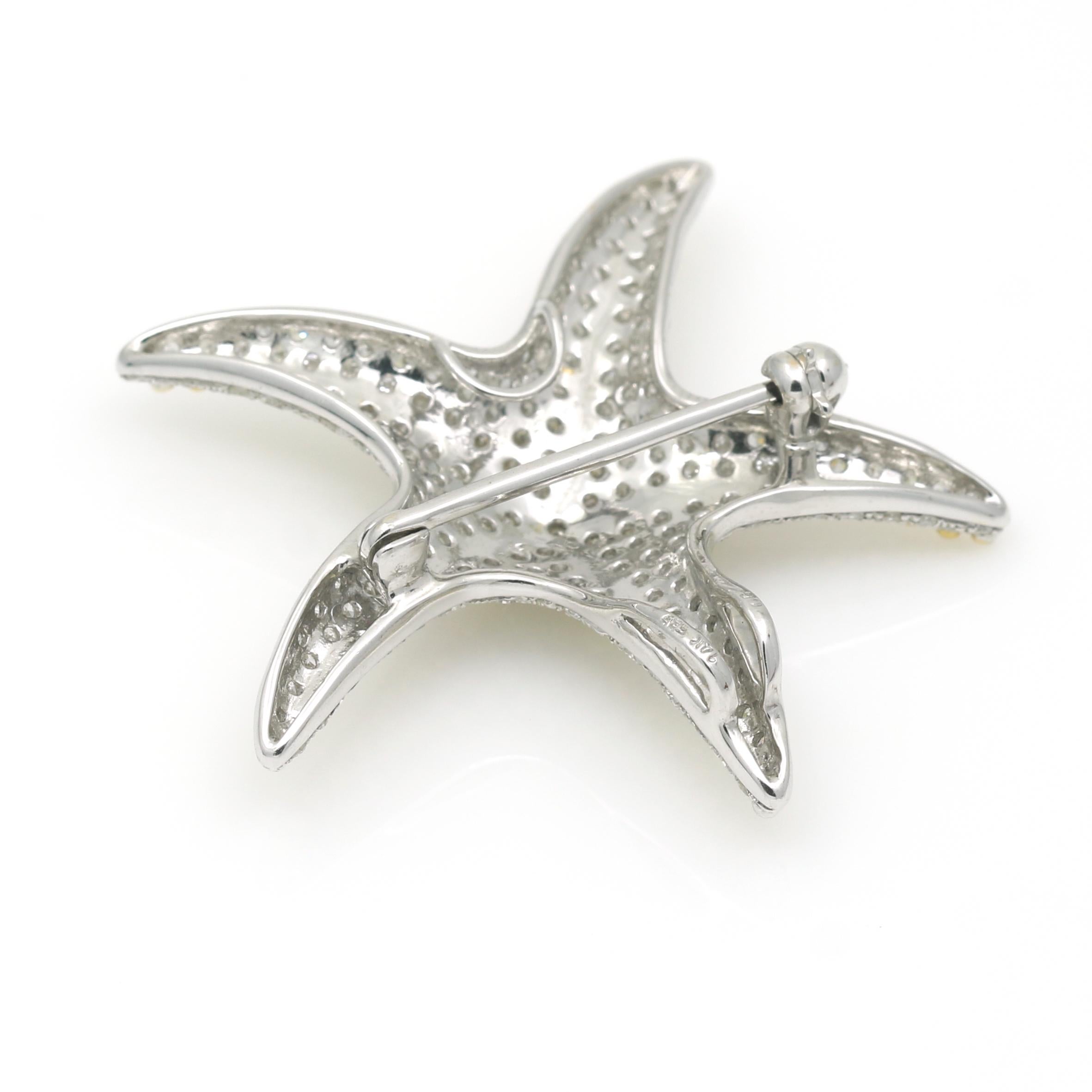 Pave Diamond Starfish Brooch Pendant in 14k Yellow and White Gold For Sale 1