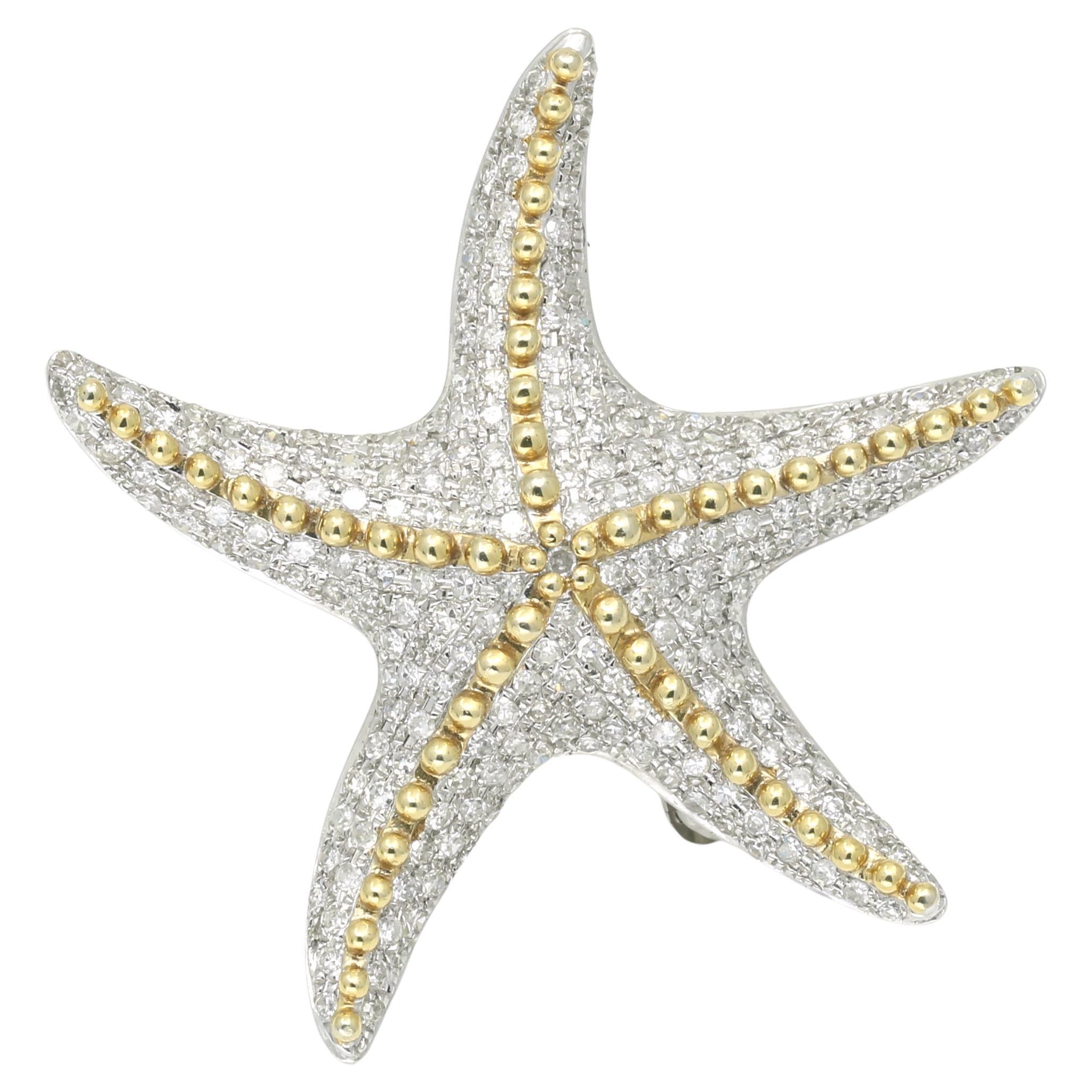 Pave Diamond Starfish Brooch Pendant in 14k Yellow and White Gold For Sale