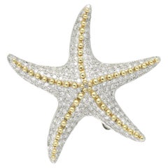 Pave Diamond Starfish Brooch Pendant in 14k Yellow and White Gold