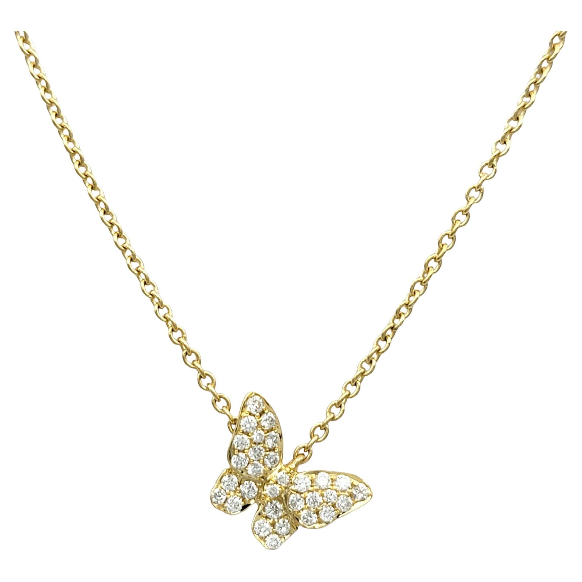 Pavé Diamond Stationary Butterfly Pendant Necklace Set in 18 Karat Yellow Gold