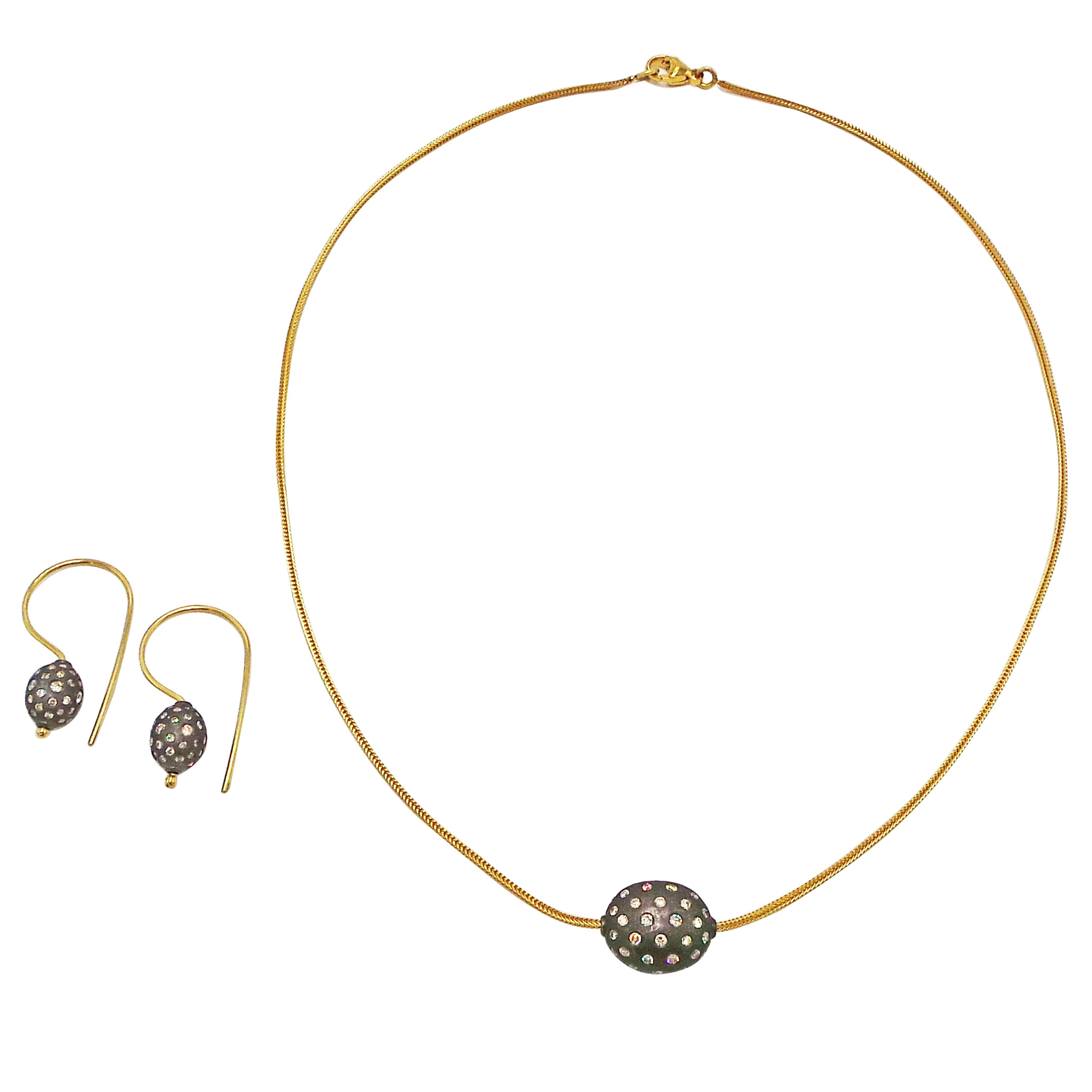 Pavé Diamond Sterling Silver Ball Two-Tone Necklace/ Earring Set