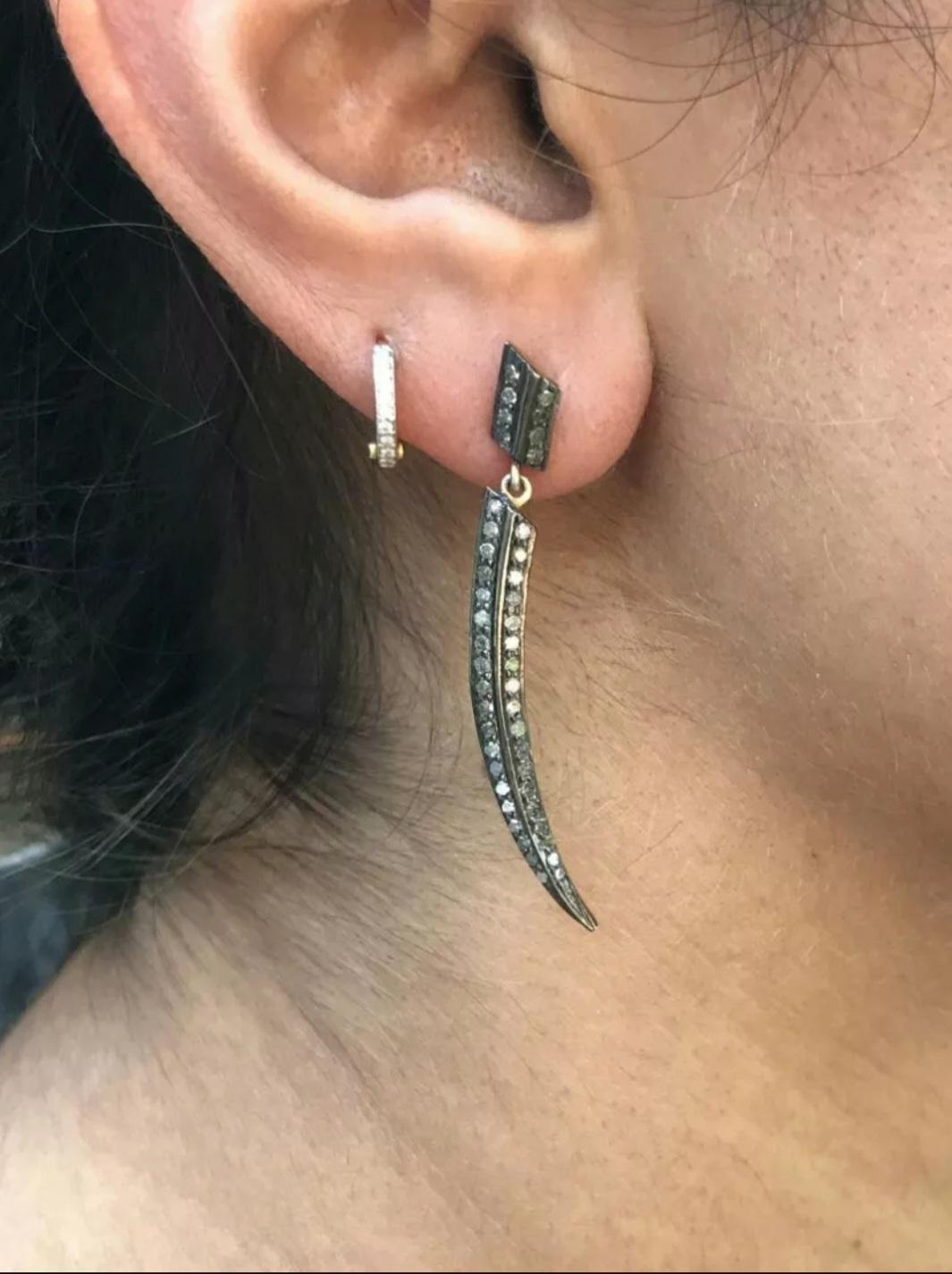 Pave Diamond Stick Drop Earring 14k Gold&925 Silver Diamond Handmade Earring. In New Condition For Sale In Chicago, IL