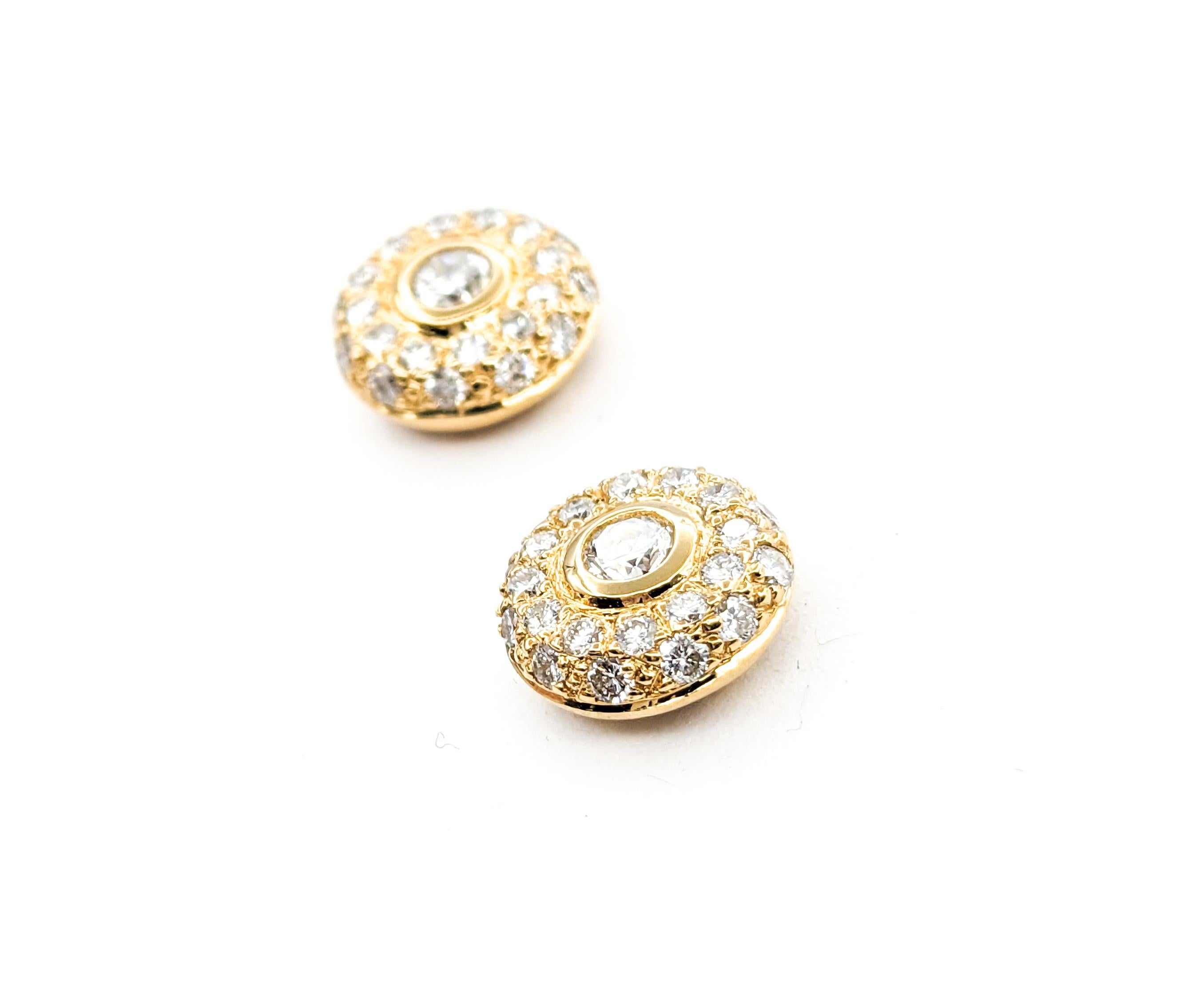 Contemporary Pave Diamond Stud Earrings In Yellow Gold For Sale