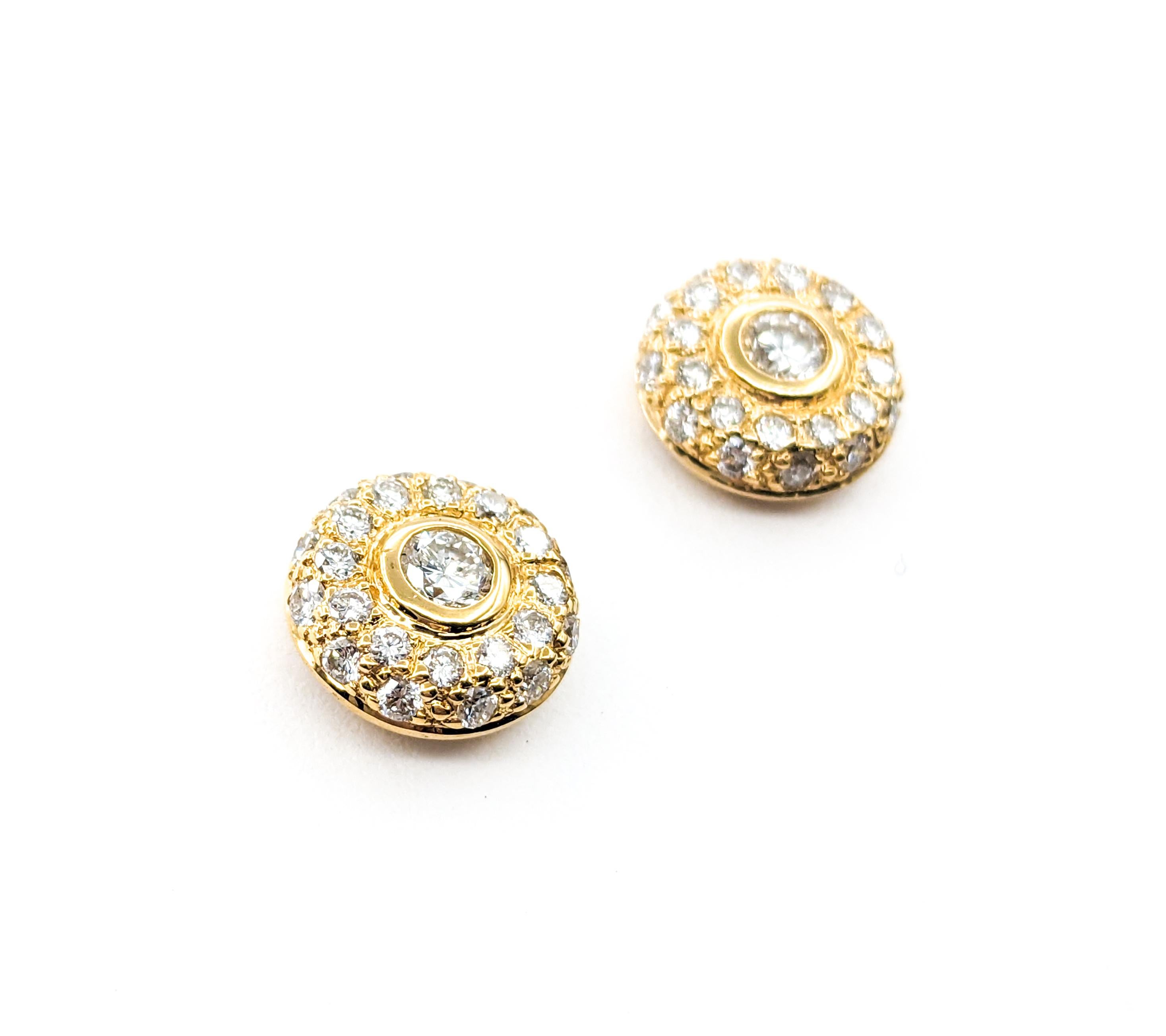 Round Cut Pave Diamond Stud Earrings In Yellow Gold For Sale