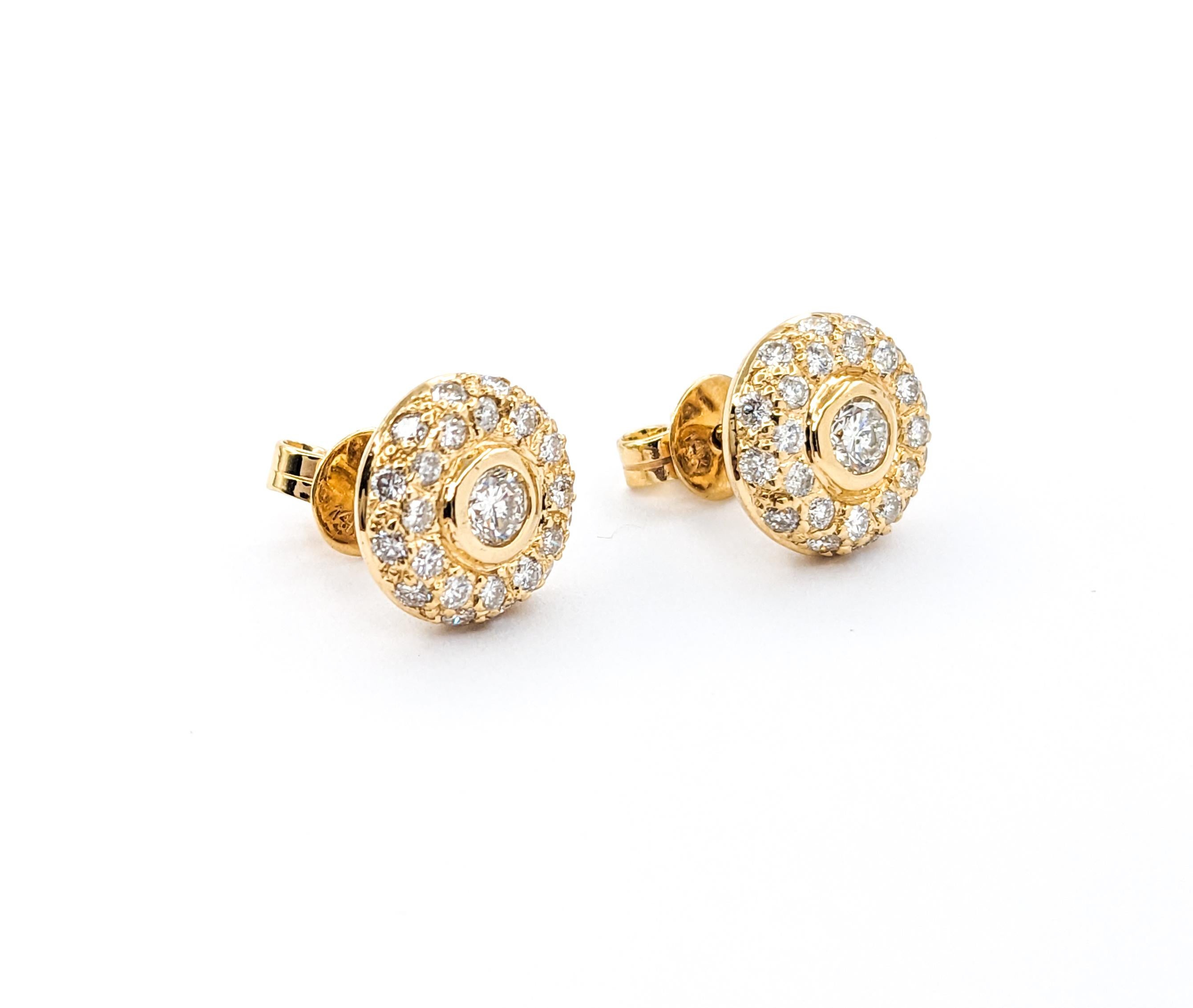 Pave Diamond Stud Earrings In Yellow Gold For Sale 2