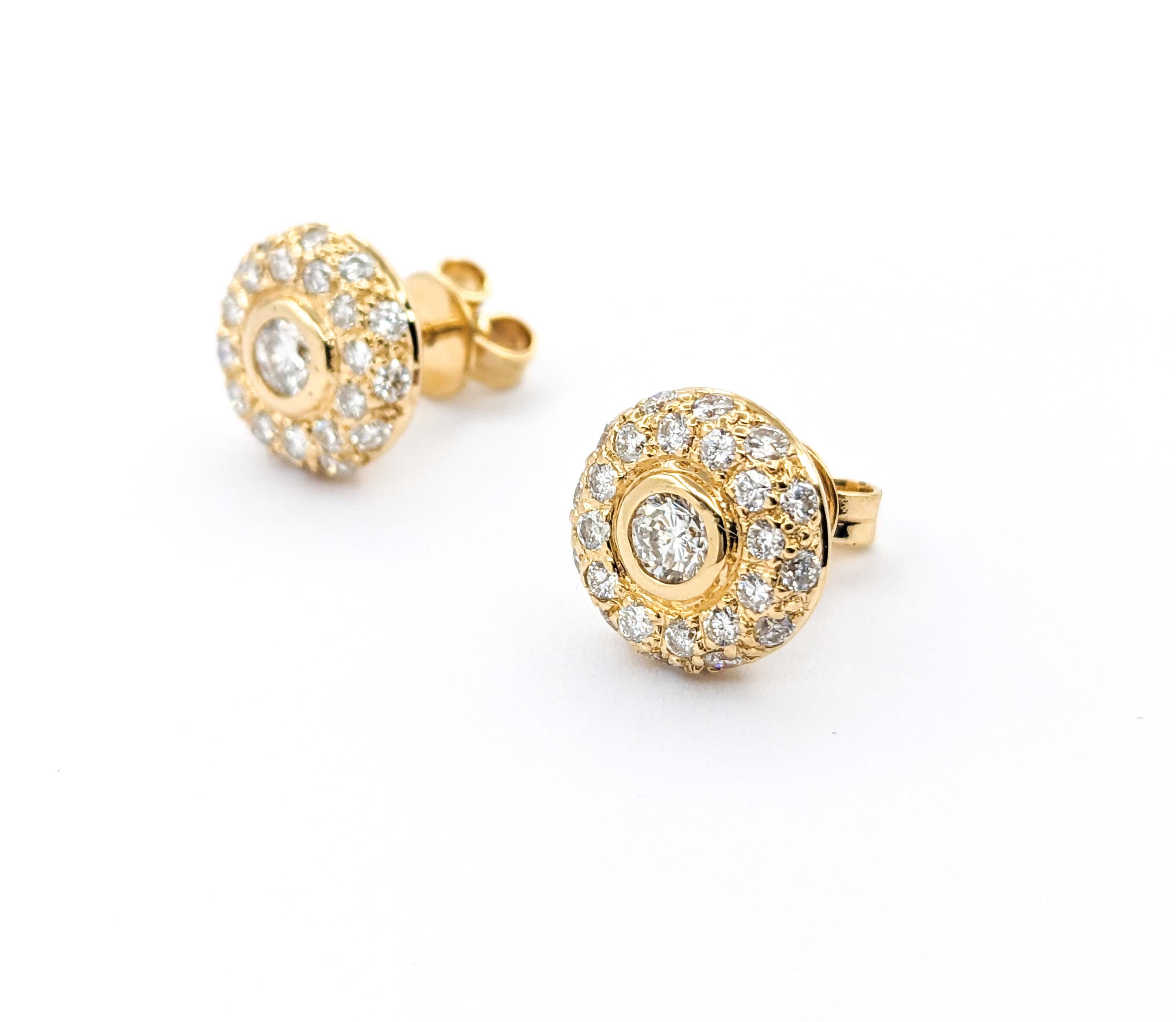 Pave Diamond Stud Earrings In Yellow Gold For Sale 3