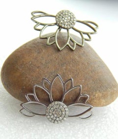 Pave Diamond Sunflower Earrings Pair 925 Sterling Silver Floral Diamond Jewelry.