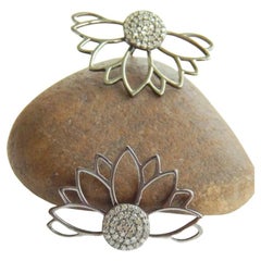 Used Pave Diamond Sunflower Earrings Pair 925 Sterling Silver Floral Diamond Jewelry.