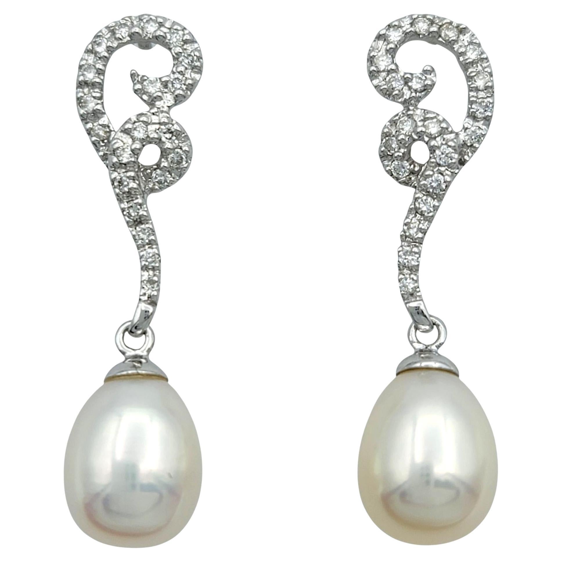 Pavé Diamond Swirl and Cultured Pearl Dangle Earrings in 14 Karat White Gold