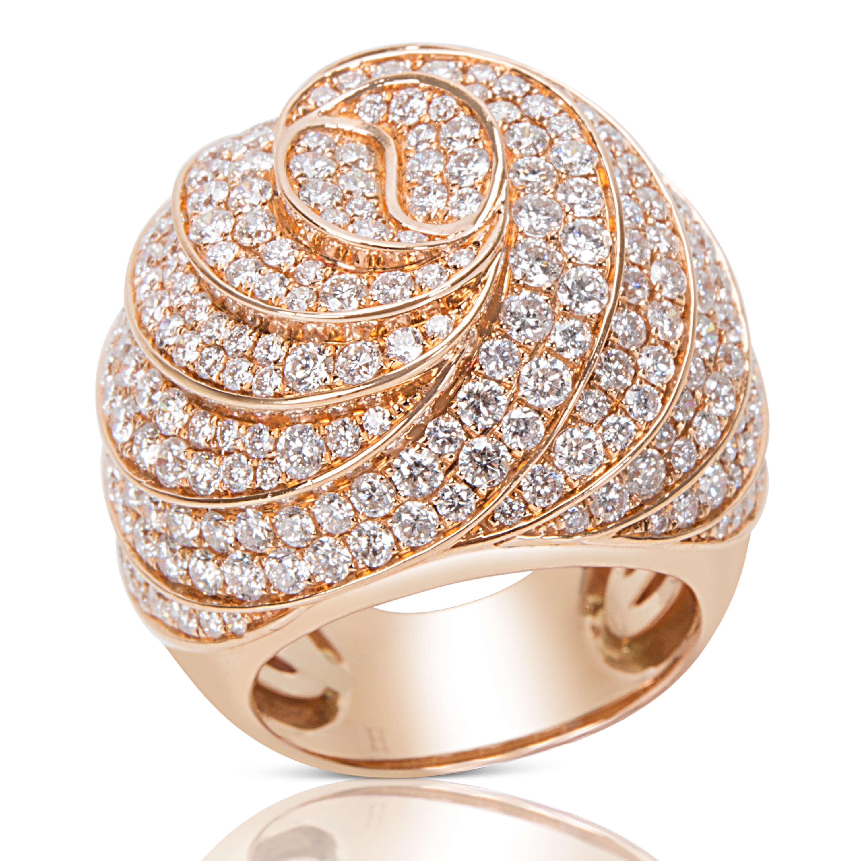 Round Cut Pave Diamond Swirl Ring in 18 Karat Pink Gold 4.61 Carat